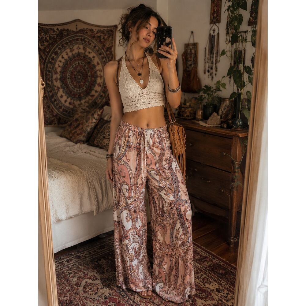 Y2K Boho Paisley Palazzo Pants High Rise Wide Leg Festival Travel Lounge Pants L